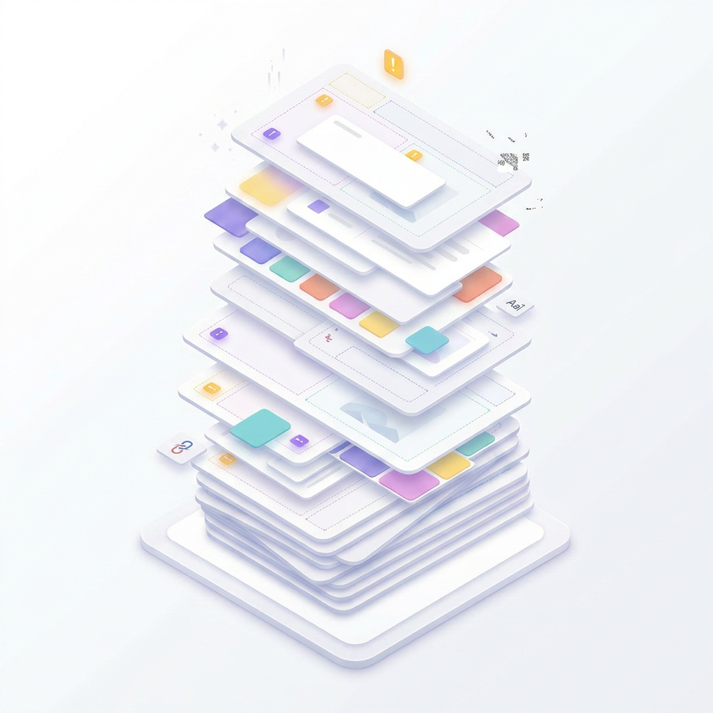 Isometric illustration of PowerPoint slide layers stacking into a bloated, unstable tower